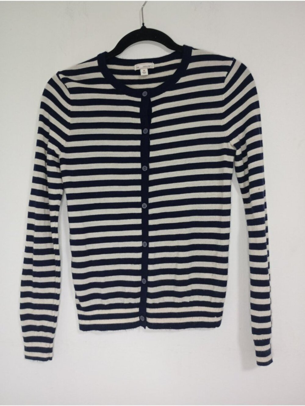 Gap Classic Cardigans Sweater Womens Navy Cream Striped Button-Up XS Wool Blend